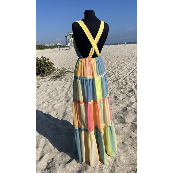 L’atiste by Amy Size S Backless Pastel Rainbow Colors Maxi Dress - Picture 2 of 6